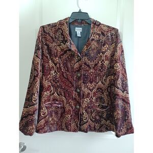 Chicos Sz 3 / XL Velvet Jacket Burgundy Paisley Sequins Whimsigoth Fairycore